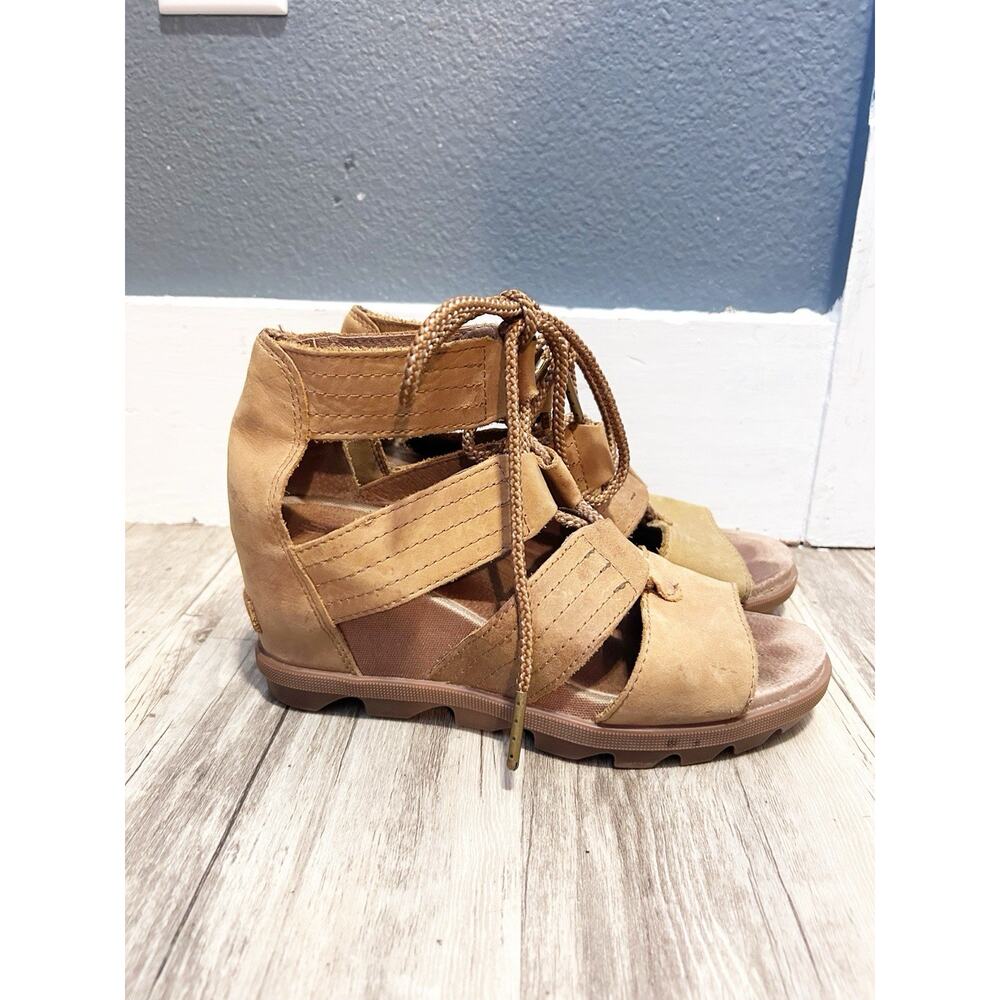 SOREL JOANIE II TAN Leather BROWN LACE WEDGE SANDALS Sz 7.5 - Picture 5 of 9